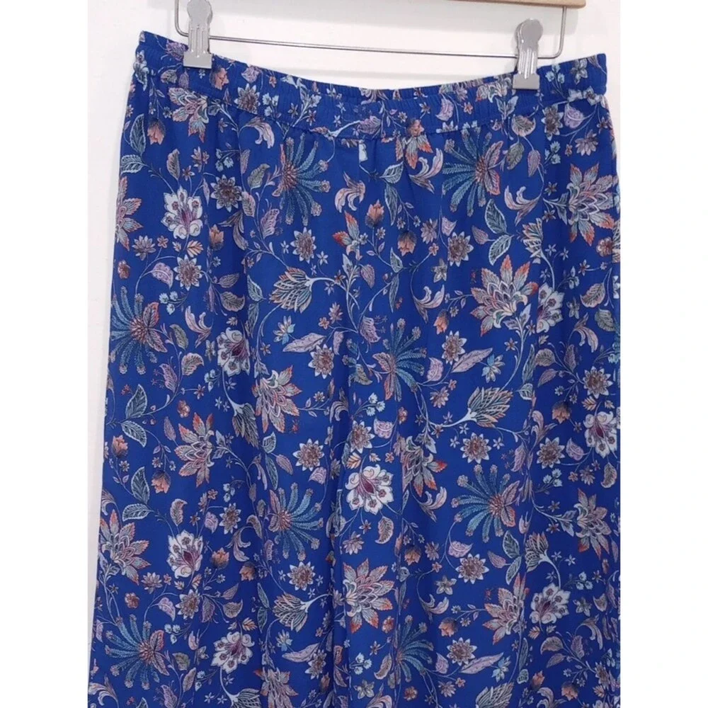 Janasya Blue Floral Print Wide Leg Elastic Waist Pants, Size L